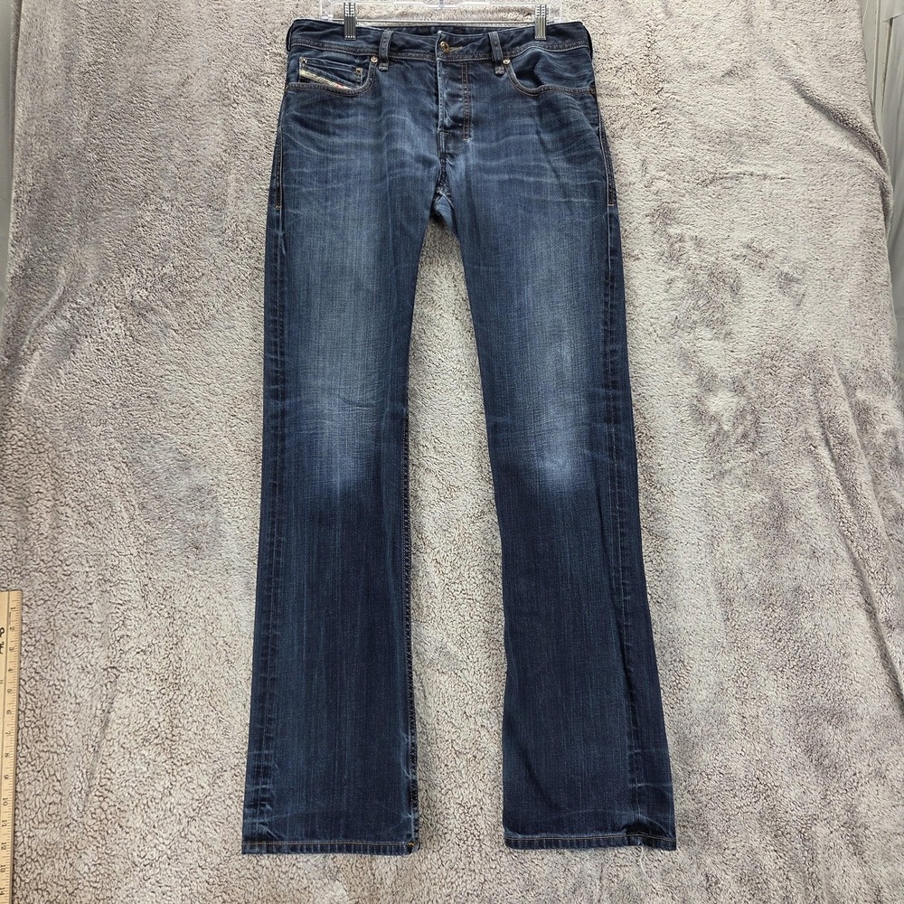 Diesel Jeans Mens 31x34 Blue Dark Wash Zatiny Bootcut Button Fly Distressed